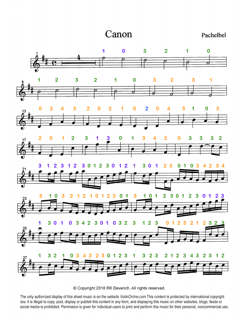 Violin ColorAll Fingering Violin Sheet Music - Canon Violin Sheet