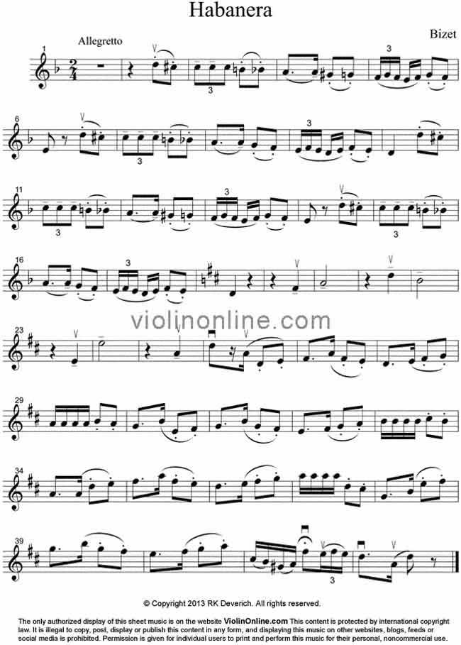 nudo Metropolitano Pickering Violin Online Free Violin Sheet Music - Habanera from Carmen by Bizet