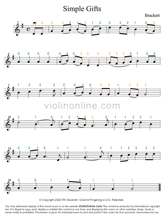 Violin Online: Simple Gifts Free Violin Sheet Music with ColorAll
