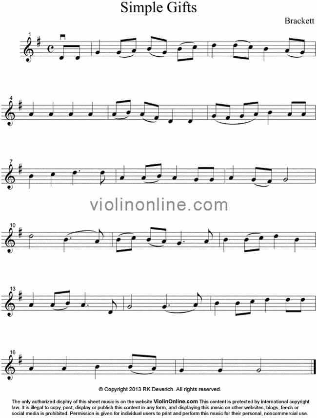 Online Free Violin Sheet Music - Simple Gifts